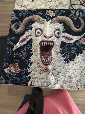 Dark Floral Goat Graphic Tote Bag - Navy, Cream, Brown